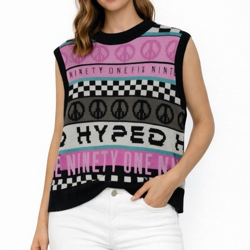 Hyped Ninety One Peace Checkers Sweater Vest Size‎ Small Holiday Christmas Cozy